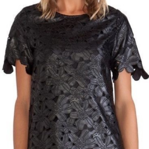 JOA Floral Cutout Black Faux Leather Short Sleeve Mini Dress Size Small NEW - Picture 3 of 7